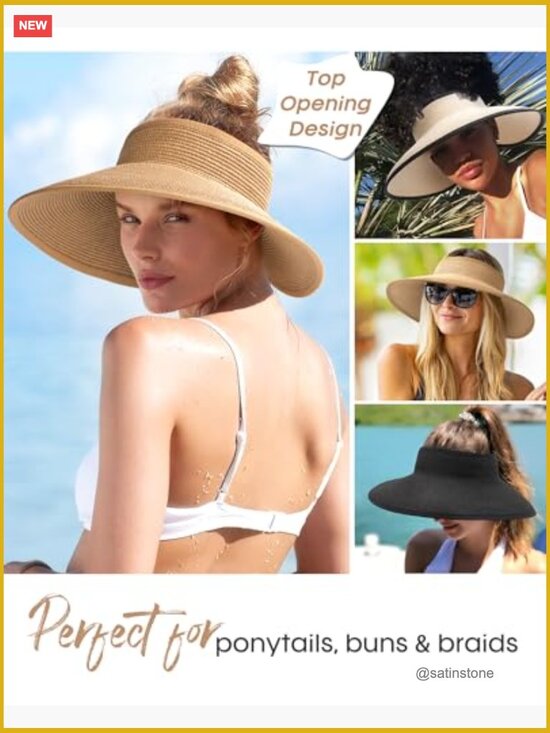 Straw Sun Visor Hat UPF 80+ Wide Brim Ponytail Summer Beach Hat